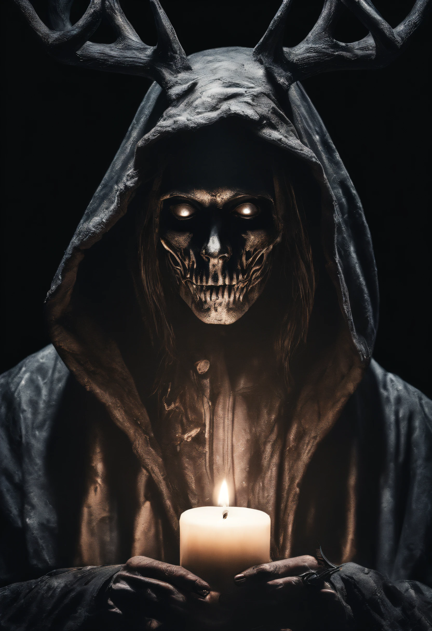 créature nue sans forme entièrement noir avec un masque terrifiant sur son visage