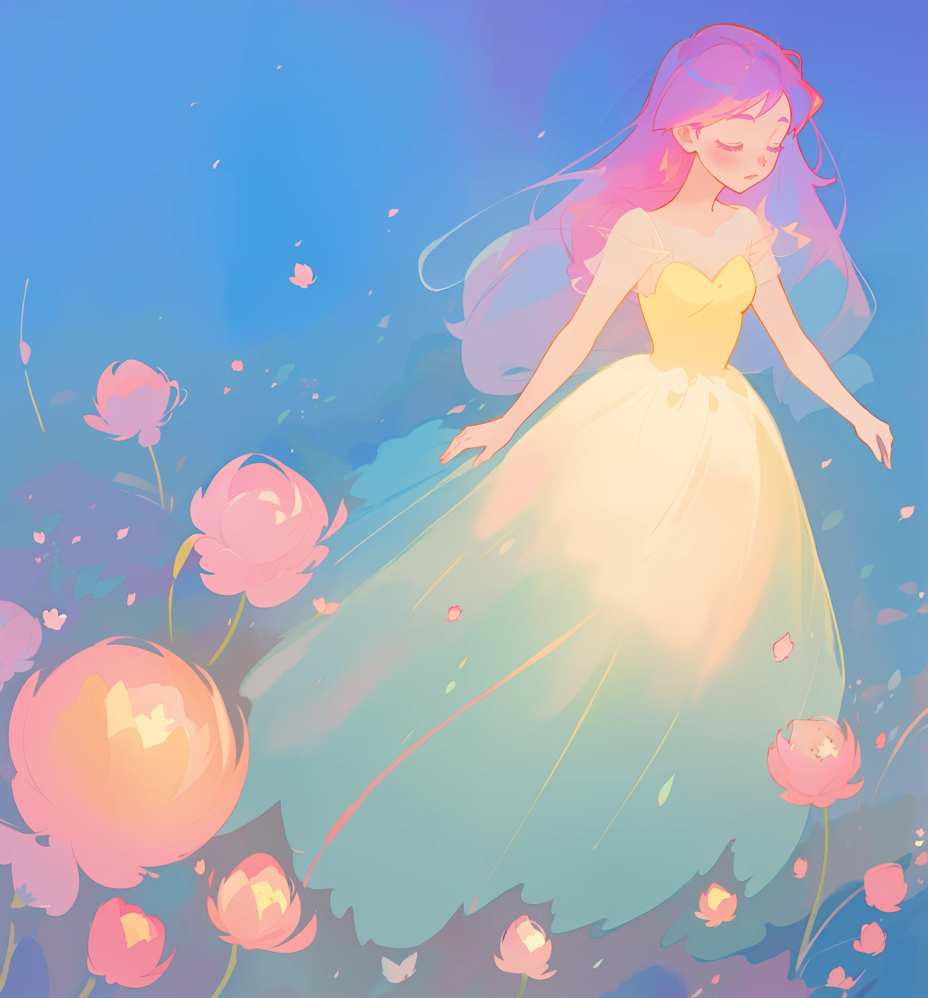 beautiful girl in puffy gradient ballgown, a field with round puffball pink flowers, otherworldly flowers, whimsical landscape, long pink flowing hair, watercolor illustration, inspired by Glen Keane, inspired by Lois van Baarle, disney art style, by Lois van Baarle, by Glen Keane, jen bartel, digital painting, beautiful digital illustration, fantasia otherworldly landscape plants flowers, beautiful, masterpiece, best quality, anime disney style