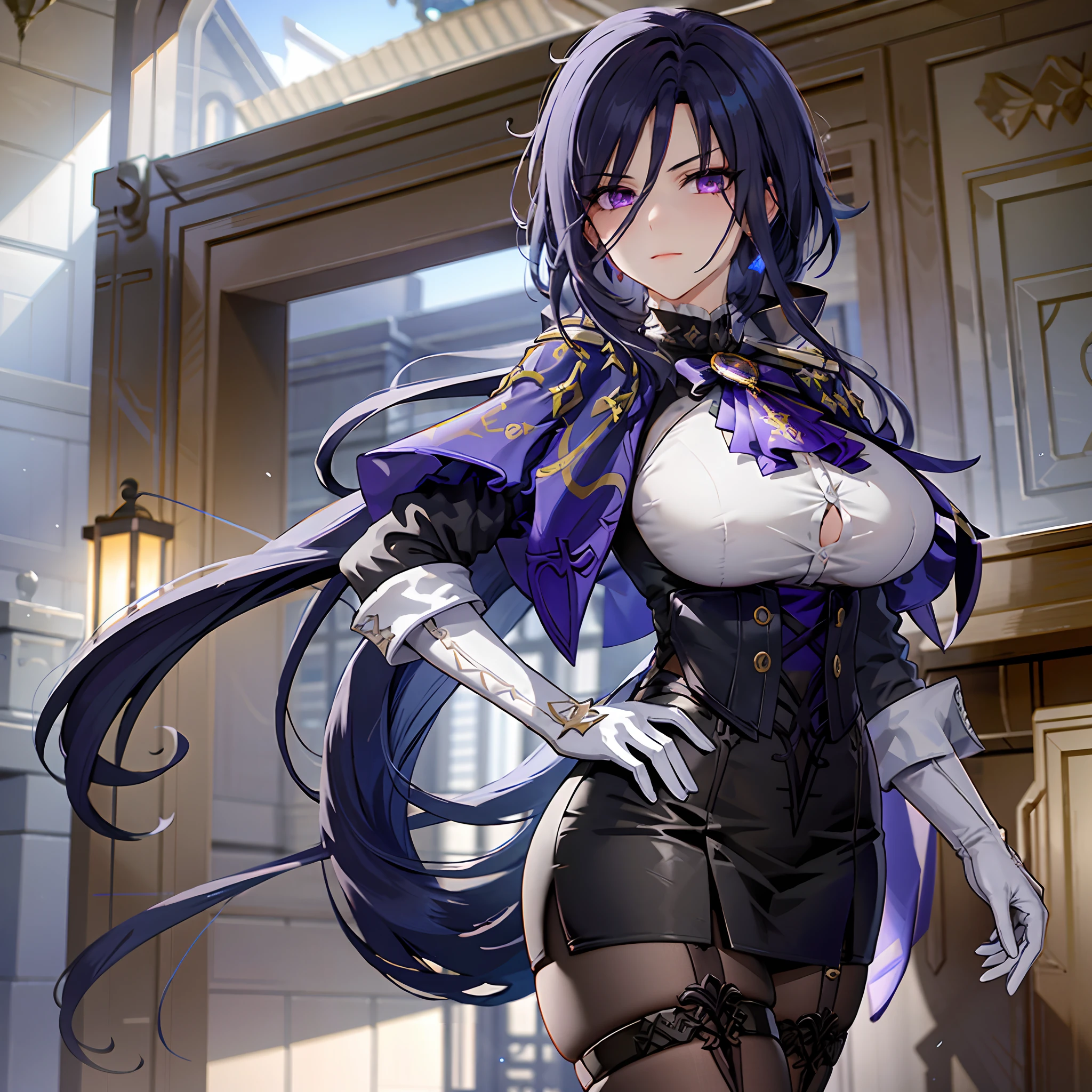 Perfect Lighting, extremely details CG, (Perfect hands, Perfect Anatomy),​masterpiece,1girl in, C****nde \(GenshinImpact\),film like、Perfect Lighting、light and shadows、Beautie、Good ass、Purple eyes、 pantyhose, blue cape, White Gloves, pencil skirts, White shirt, Thigh strap, Underbust, ascot, Jacket, depth of fields, Glaring, put hands on the hip, Looking at Viewer, chies, Indoors