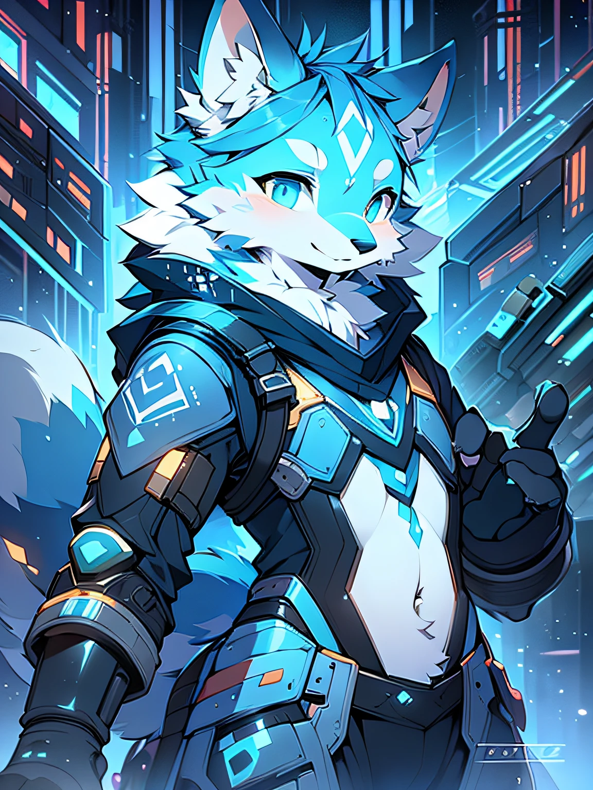 Rystal, Star Fox,  male, (A detailed), fluffly, Solo, adolable，Lovely and lovely style , fotorealistisch, ((clear structural details)), Meticulous and realistic, A detailed eye, (Turquoise blue pupils), (( Lapis lazuli glowing eyes)), Excellent quality, high detal, Detailed fur, ((The tail is in the right place) ，Golden fur ，Cyberpunk Style