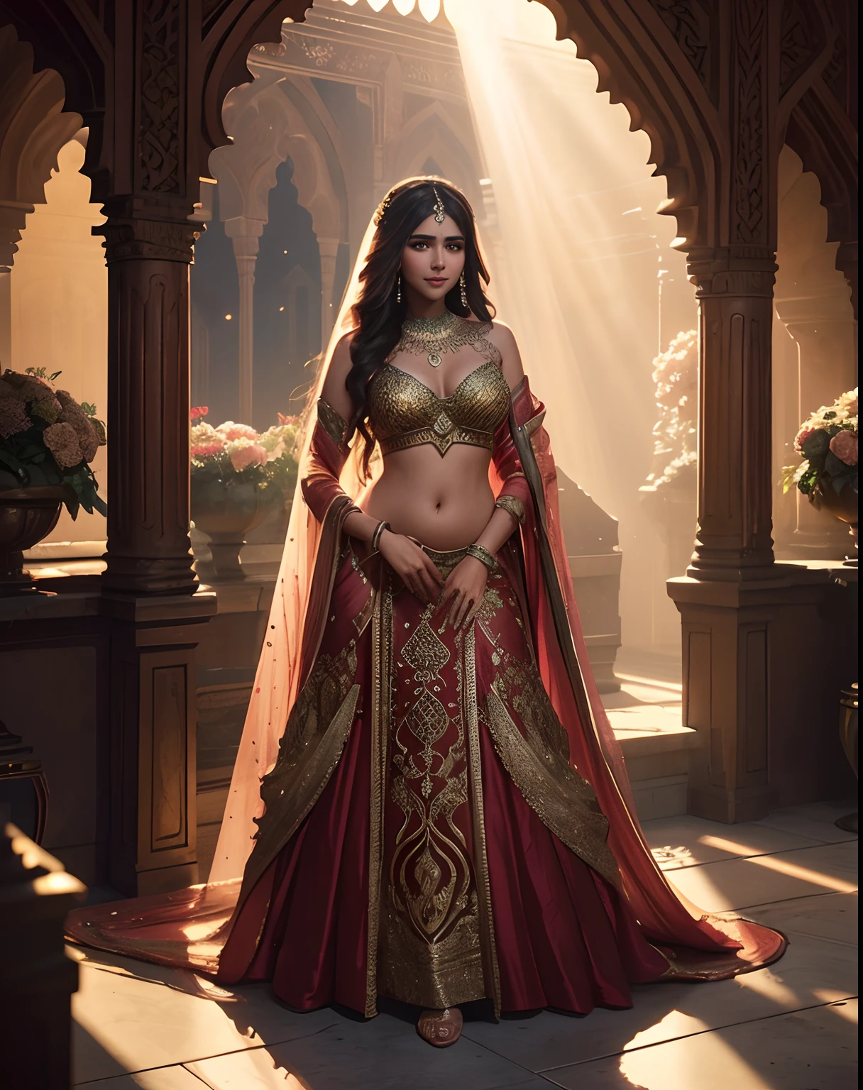 (masterpiece fantasy photography:1.3) of a (solo full body:1.3) ravishing elegant chubby supermodel Sonam Bajwa as persian bride, in a elegant garden wedding, wearing shimmering red lehenga and blouse, navel, glittering henna tattoos, lavish flower decorations, (ravishing long wavy backlit hair), enchanting, (glowing intricate eyes:1.3), (adorable smile:1.3) soft dramatic lighting, flower bouqets everywhere, backlit, light rays, highly detailed, trending on artstation, paint splashes, rich colour, fantasy portrait, by atey ghailan & greg Rutkowski