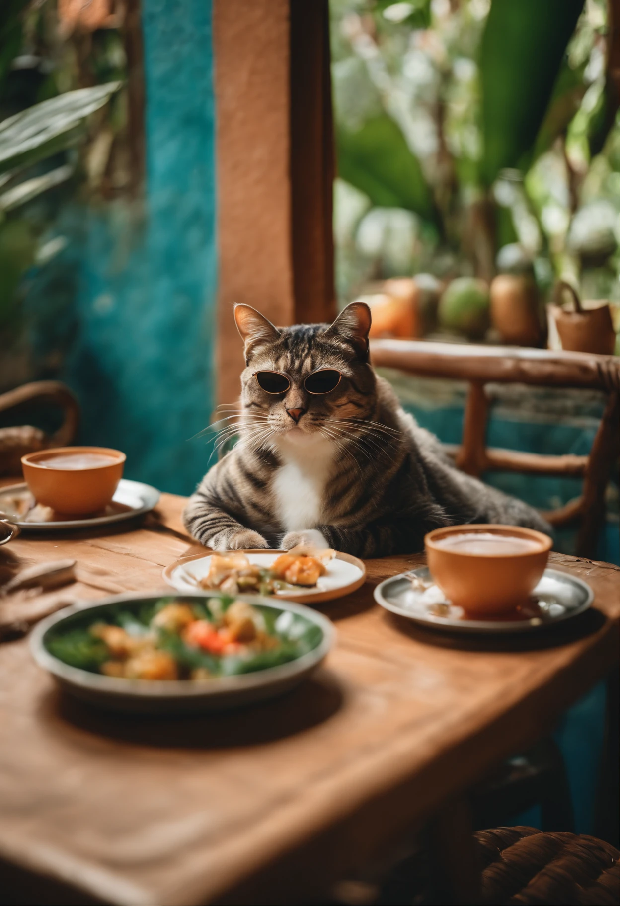 Jungle-style restaurant, A cat wearing sunglasses, mouth grimacing, holding a mobile phone sitting at the dining table, There is boiled fish on the table.Sunlight outside the window
