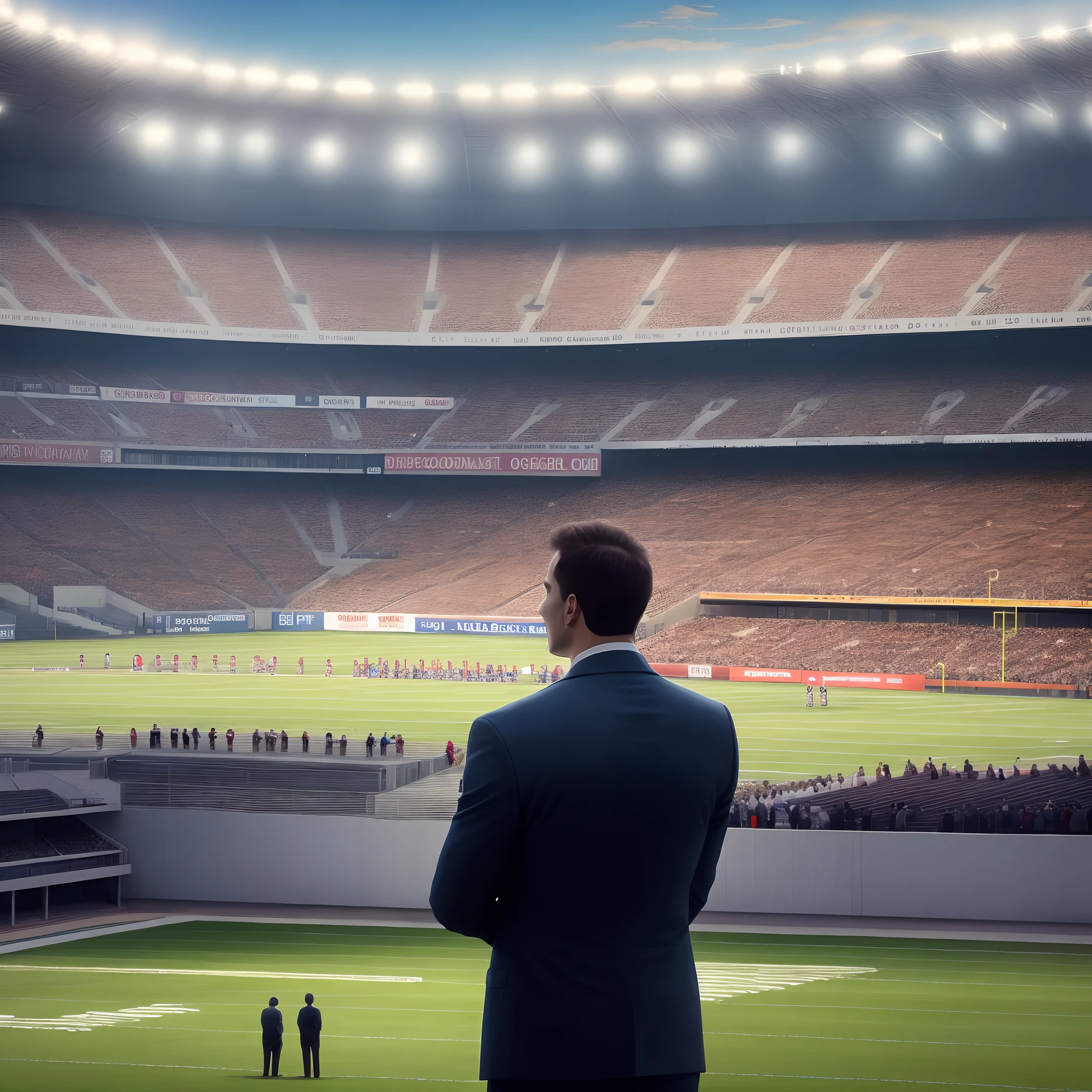 The greatest coach in history standing majestically in the middle of the football field with the spectators inside the stadium and the photographers