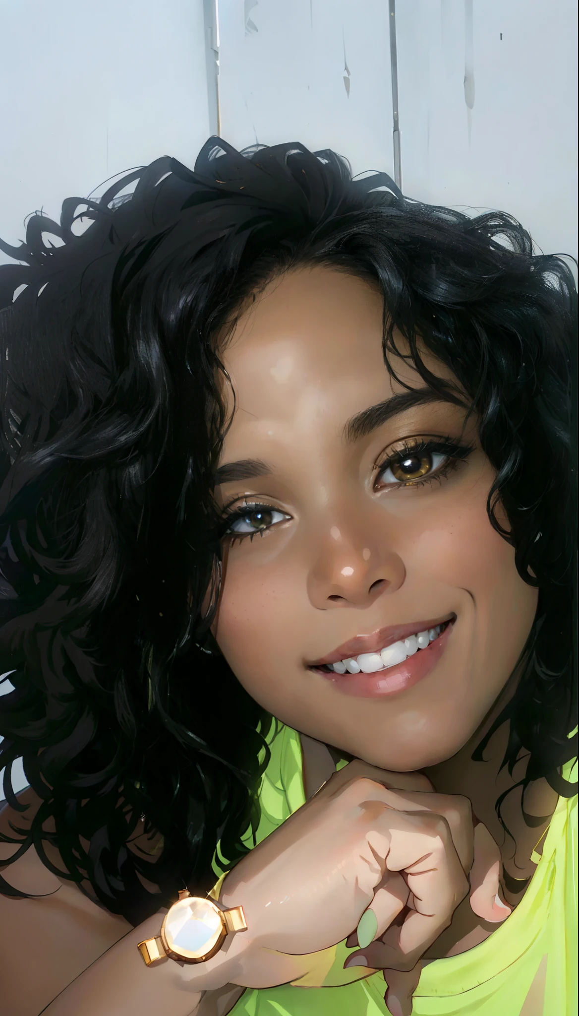 Beautiful smiling black woman, Around 40 years old, ((Semi-chubby)), Dark glowing skin with straight hair, Wearing a yellow shirt, perfect teeth, Perfect Dental Arch, Bright black eyes, Honey-colored skin, Dream Light, Portrait in the center of the photo, Shot with Canon EOS R 5, Shot with Canon EOS R5, 70mm. Dramatic Lighting,