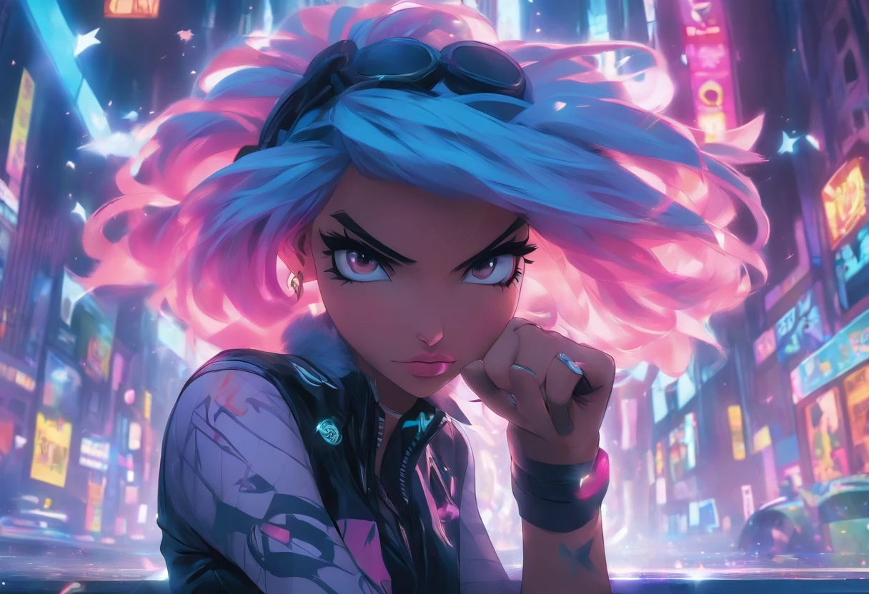 masterpiece:1.5, intricate details:1.3, best quality, ultra-detailed:1.3, 8k, cute, (Ramona_flowers), blue hair, hair collected, (leather jacket) (white wedding dress, black jacket), relax, serious, (cigarette), with her elbows leaning on a railing, big eyes, (black headband with a star), art by artgerm, arms, hips, vibrant colors