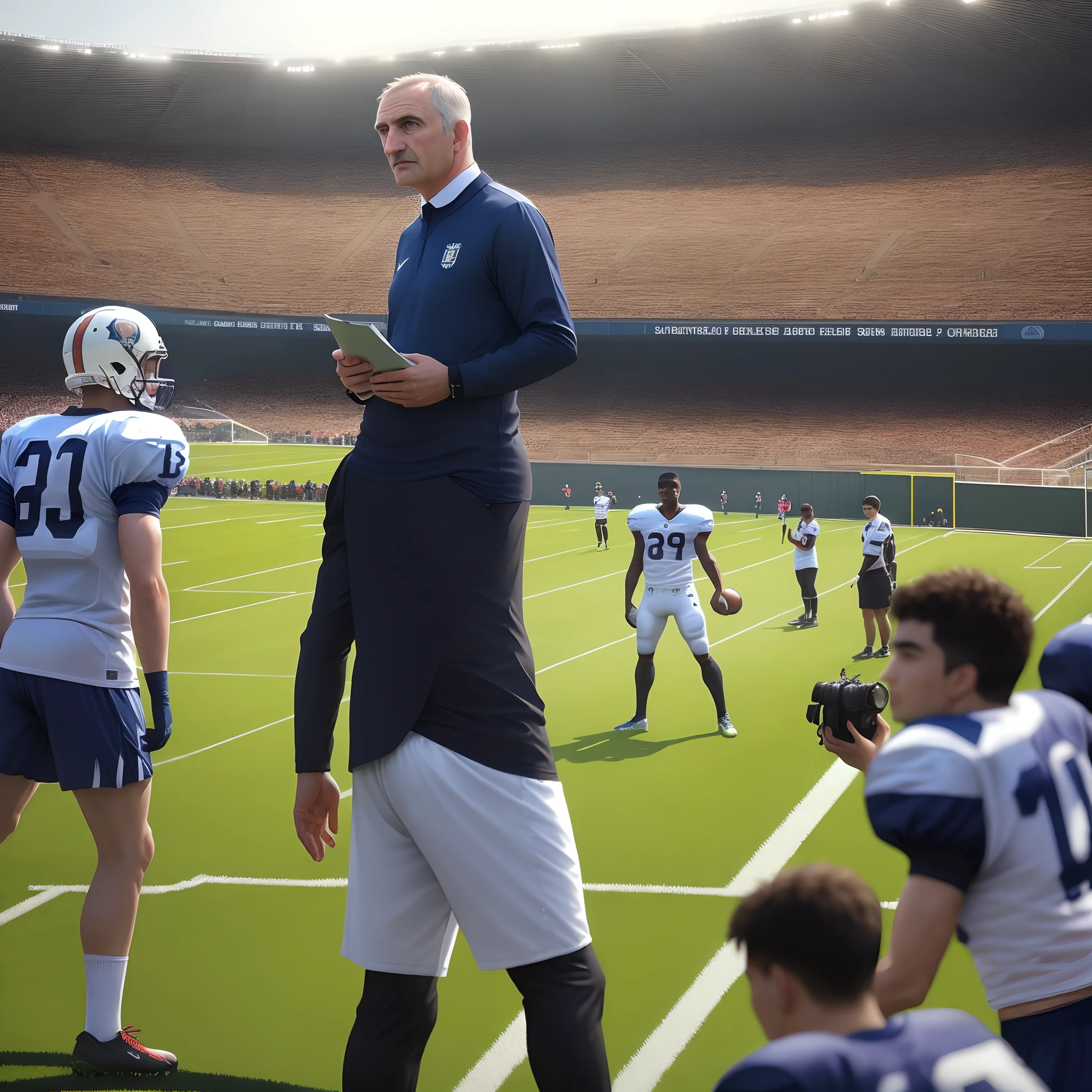 The greatest coach in history standing majestically in the middle of the football field with the spectators inside the stadium and the photographers