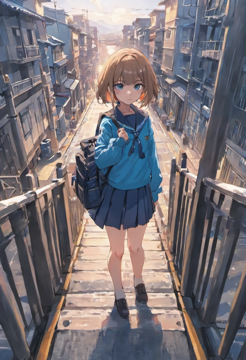 masterpiece, best quality, nsfw, ideal ratio body proportions, perfect anatomy,
(realistic:0.5), 1girl, architecture, backpack, bag, bangs, blue eyes, blue sky, bridge, brown hair, building, car, castle, chain-link fence, city, cityscape, clock, clock tower, closed mouth, cloud, cloudy sky, day, duffel bag, fence, gate, ground vehicle, house, long sleeves, looking at viewer, motor vehicle, mountain, outdoors, pleated skirt, railing, road, rooftop, sailor collar, scenery, school bag, school uniform, serafuku, shirt, shoulder bag, skirt, sky, skyline, skyscraper, solo, street, tower, town, train