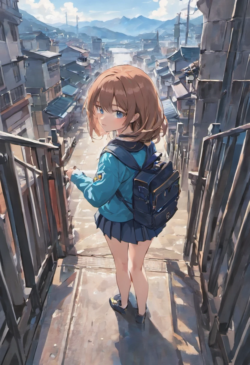 masterpiece, best quality, nsfw, ideal ratio body proportions, perfect anatomy,
(realistic:0.5), 1girl, architecture, backpack, bag, bangs, blue eyes, blue sky, bridge, brown hair, building, car, castle, chain-link fence, city, cityscape, clock, clock tower, closed mouth, cloud, cloudy sky, day, duffel bag, fence, gate, ground vehicle, house, long sleeves, looking at viewer, motor vehicle, mountain, outdoors, pleated skirt, railing, road, rooftop, sailor collar, scenery, school bag, school uniform, serafuku, shirt, shoulder bag, skirt, sky, skyline, skyscraper, solo, street, tower, town, train