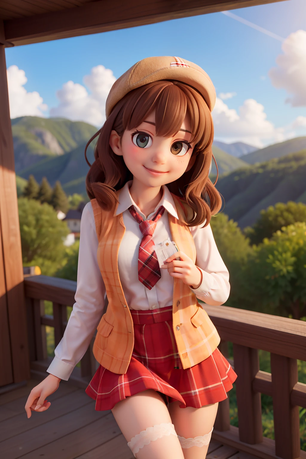 masterpiece, high quality best quality,1girl, bangs, beach, blue_sky, blush, bow, breasts, checkered, checkered_shirt, checkered_skirt, cloud, cloudy_sky, collarbone, day, envelope, giving, grass, hair_bow, heart, holding, holding_letter, horizon, incoming_gift, kazami_yuuka, leaning_forward, lens_flare, letter, light_rays, long_hair, looking_at_viewer, love_letter, mountain, mountainous_horizon, ocean, outdoors, plaid, plaid_background, plaid_bikini, plaid_bow, plaid_bowtie, plaid_bra, plaid_dress, plaid_headwear, plaid_jacket, plaid_legwear, plaid_necktie, plaid_neckwear, plaid_panties, plaid_pants, plaid_ribbon, plaid_scarf, plaid_shirt, plaid_skirt, plaid_vest, pov, shirt, skirt, sky, smile, solo, sun, sunbeam, sunlight, tree, unmoving_pattern