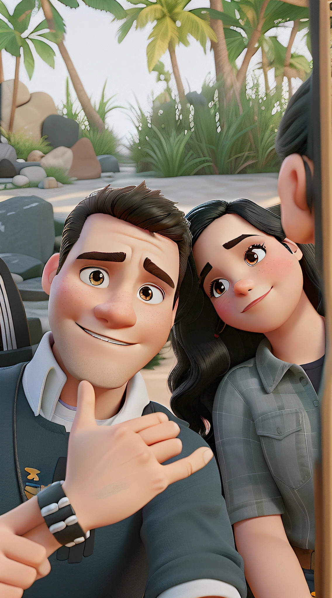 A white man and woman with black hair and rock props in the Disney Pixar style, alta qualidade, melhor qualidade