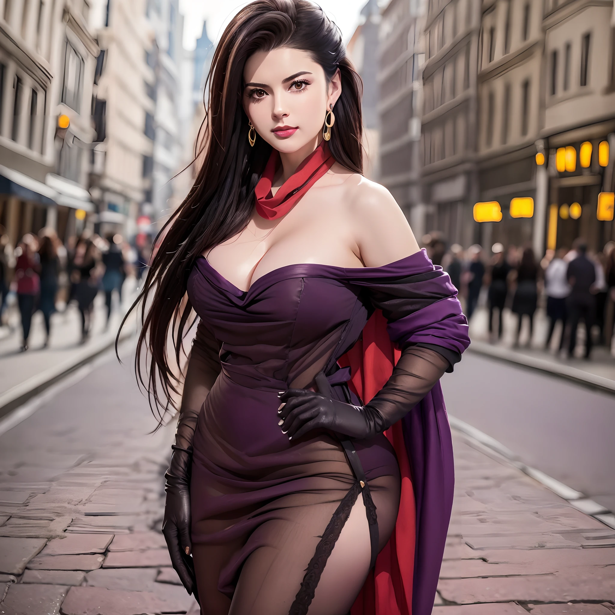 (masterpiece:1.1, Best Quality, High quality:1.1), Lisa Lisa, mature female, A MILF, Professional artwork, Intricate details, field of views, Sharp Focus, detailed paintings, photorealistic lighting, trending on pixiv, (Vibrant lighting, Vibrant colors:1.05), Realistic Shadows, Ambient Occlusion, Solo,1girl in, (Standing, Posing, put hands on the hip, street in London), (Full body shot:1.1), Black hair, long hair, Lynn Hair, Ultra Detail Hair, ultra detail face, Perfect eyes, Perfect face, (earrings, Black pantyhose:1.1, high-heels, Off shoulder dress:1.1, Short dress, Bare shoulders, Necklace, Purple gloves, red scarf:1.35), (ultra huge breasts:1.35, perfect slim body style),