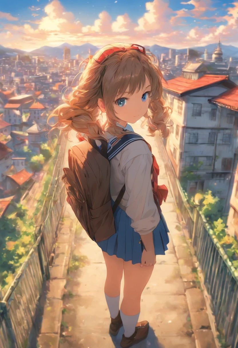 masterpiece, best quality, nsfw, ideal ratio body proportions, perfect anatomy,
(realistic:0.5), 1girl, architecture, backpack, bag, bangs, blue eyes, blue sky, bridge, brown hair, building, car, castle, chain-link fence, city, cityscape, clock, clock tower, closed mouth, cloud, cloudy sky, day, duffel bag, fence, gate, ground vehicle, house, long sleeves, looking at viewer, motor vehicle, mountain, outdoors, pleated skirt, railing, road, rooftop, sailor collar, scenery, school bag, school uniform, serafuku, shirt, shoulder bag, skirt, sky, skyline, skyscraper, solo, street, tower, town, train