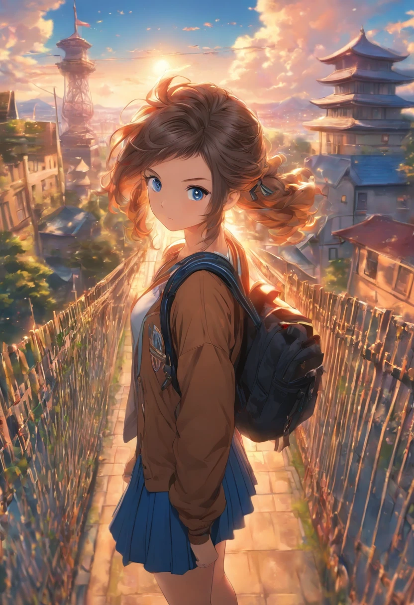 masterpiece, best quality, nsfw, ideal ratio body proportions, perfect anatomy,
(realistic:0.5), 1girl, architecture, backpack, bag, bangs, blue eyes, blue sky, bridge, brown hair, building, car, castle, chain-link fence, city, cityscape, clock, clock tower, closed mouth, cloud, cloudy sky, day, duffel bag, fence, gate, ground vehicle, house, long sleeves, looking at viewer, motor vehicle, mountain, outdoors, pleated skirt, railing, road, rooftop, sailor collar, scenery, school bag, school uniform, serafuku, shirt, shoulder bag, skirt, sky, skyline, skyscraper, solo, street, tower, town, train