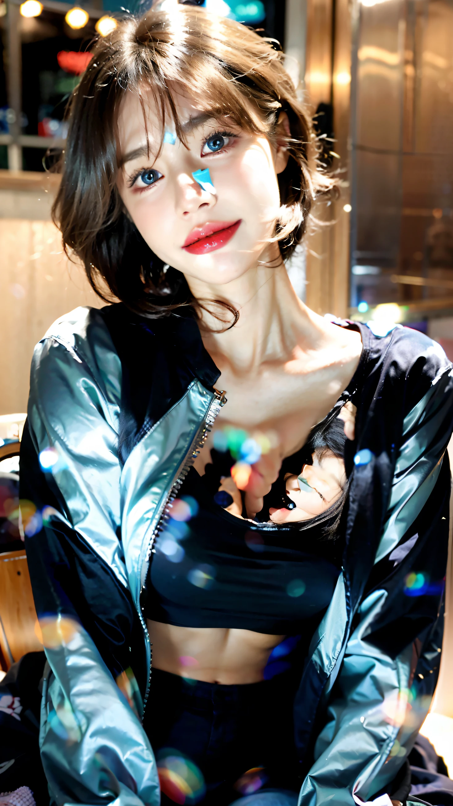 Cristia Ott, 1girll, Solo, Krista Lentz, Smile, hair between eye, Blue eyes, Blonde hair, Jacket, Medium hair,