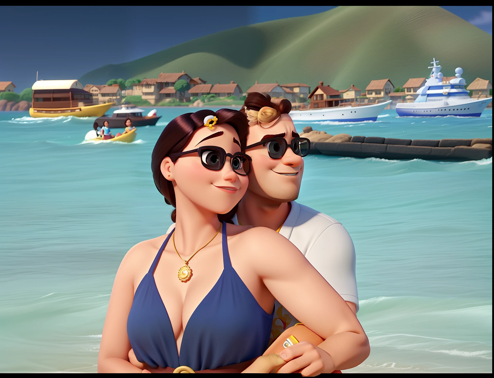 Casal estilo disney pixar melhor qualidade, alta qualidade, Homem moreno e mulher morena cabelos longos lisos foto no mar