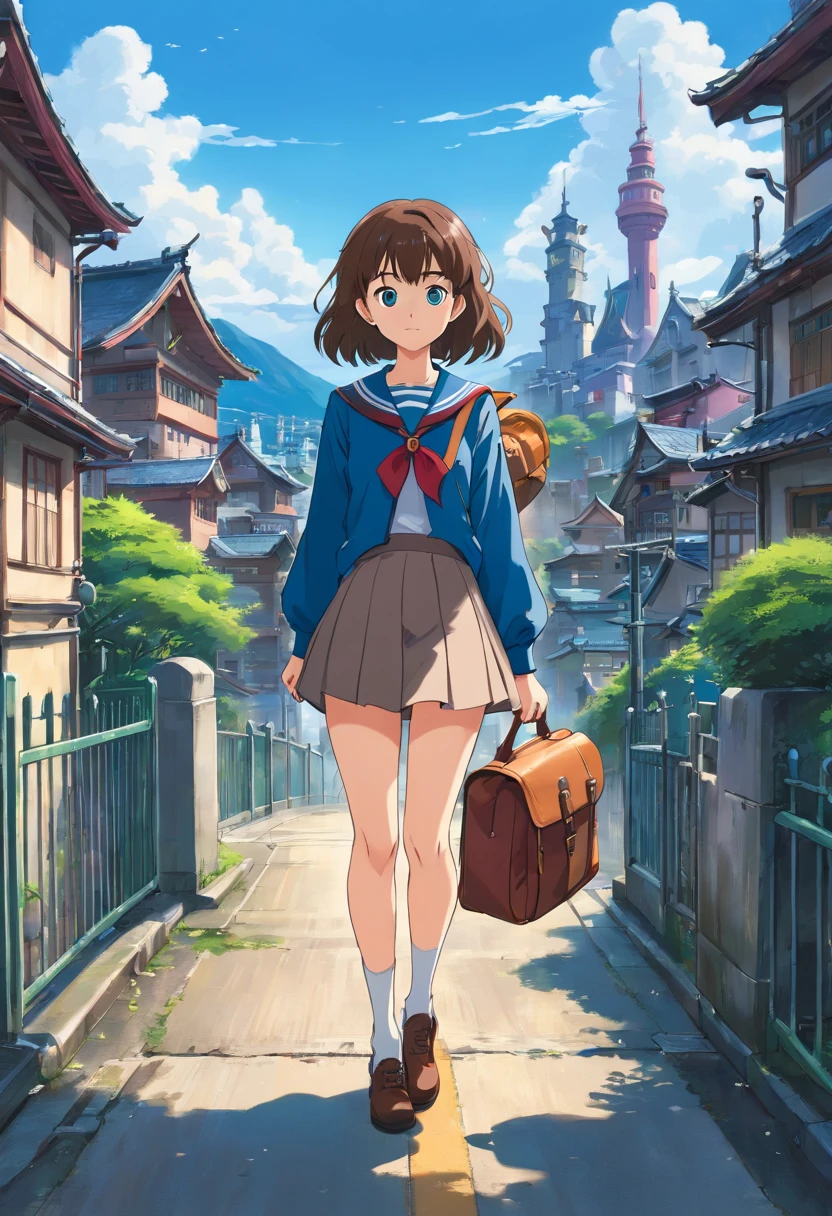 masterpiece, best quality, nsfw, ideal ratio body proportions, perfect anatomy,
(realistic:0.5), 1girl, architecture, backpack, bag, bangs, blue eyes, blue sky, bridge, brown hair, building, car, castle, chain-link fence, city, cityscape, clock, clock tower, closed mouth, cloud, cloudy sky, day, duffel bag, fence, gate, ground vehicle, house, long sleeves, looking at viewer, motor vehicle, mountain, outdoors, pleated skirt, railing, road, rooftop, sailor collar, scenery, school bag, school uniform, serafuku, shirt, shoulder bag, skirt, sky, skyline, skyscraper, solo, street, tower, town, train
