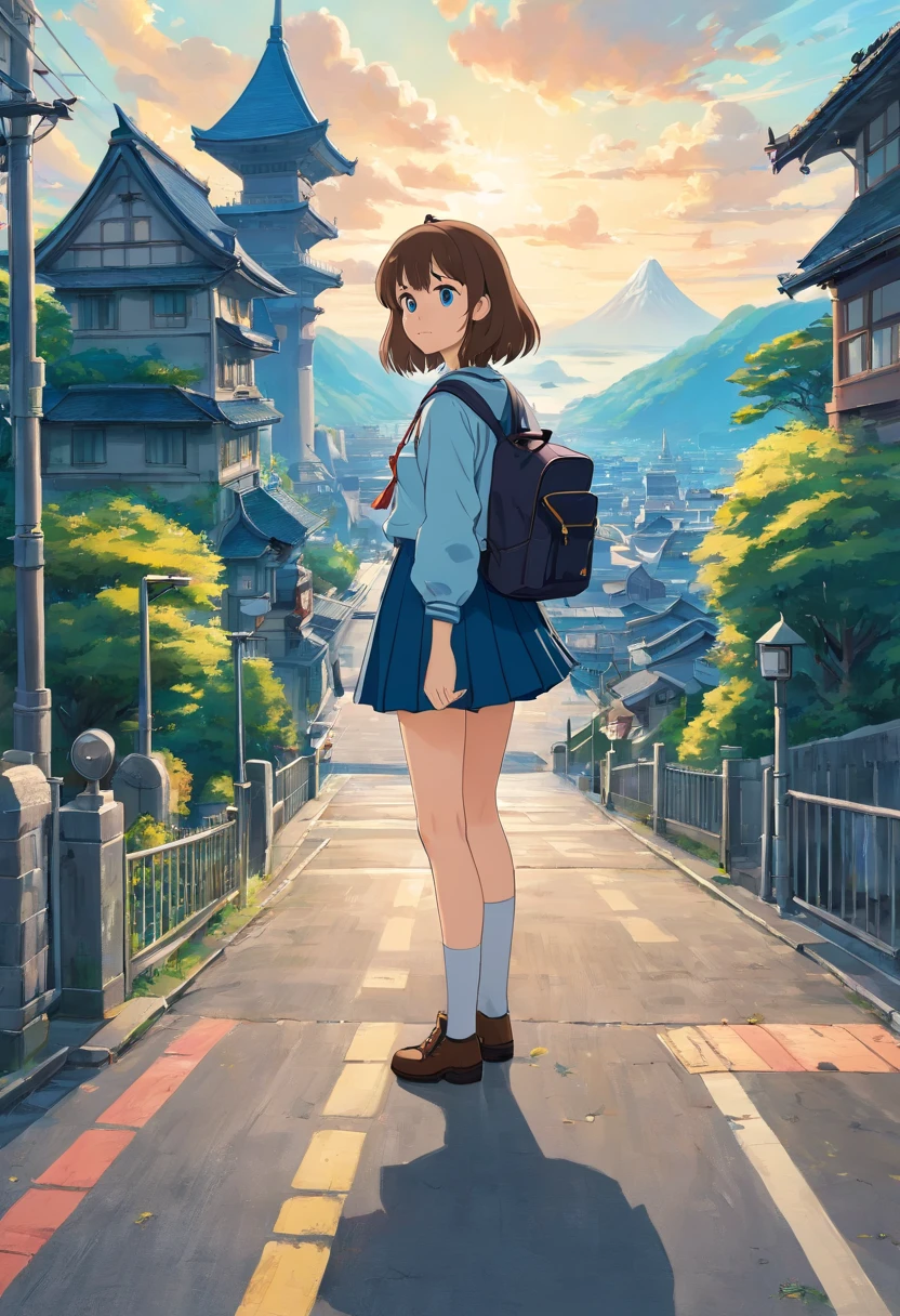 masterpiece, best quality, nsfw, ideal ratio body proportions, perfect anatomy,
(realistic:0.5), 1girl, architecture, backpack, bag, bangs, blue eyes, blue sky, bridge, brown hair, building, car, castle, chain-link fence, city, cityscape, clock, clock tower, closed mouth, cloud, cloudy sky, day, duffel bag, fence, gate, ground vehicle, house, long sleeves, looking at viewer, motor vehicle, mountain, outdoors, pleated skirt, railing, road, rooftop, sailor collar, scenery, school bag, school uniform, serafuku, shirt, shoulder bag, skirt, sky, skyline, skyscraper, solo, street, tower, town, train