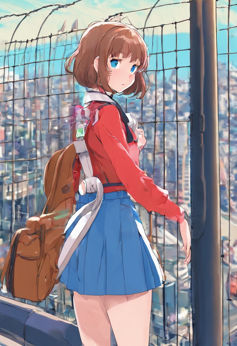 masterpiece, best quality, nsfw, ideal ratio body proportions, perfect anatomy,
(realistic:0.5), 1girl, architecture, backpack, bag, bangs, blue eyes, blue sky, bridge, brown hair, building, car, castle, chain-link fence, city, cityscape, clock, clock tower, closed mouth, cloud, cloudy sky, day, duffel bag, fence, gate, ground vehicle, house, long sleeves, looking at viewer, motor vehicle, mountain, outdoors, pleated skirt, railing, road, rooftop, sailor collar, scenery, school bag, school uniform, serafuku, shirt, shoulder bag, skirt, sky, skyline, skyscraper, solo, street, tower, town, train