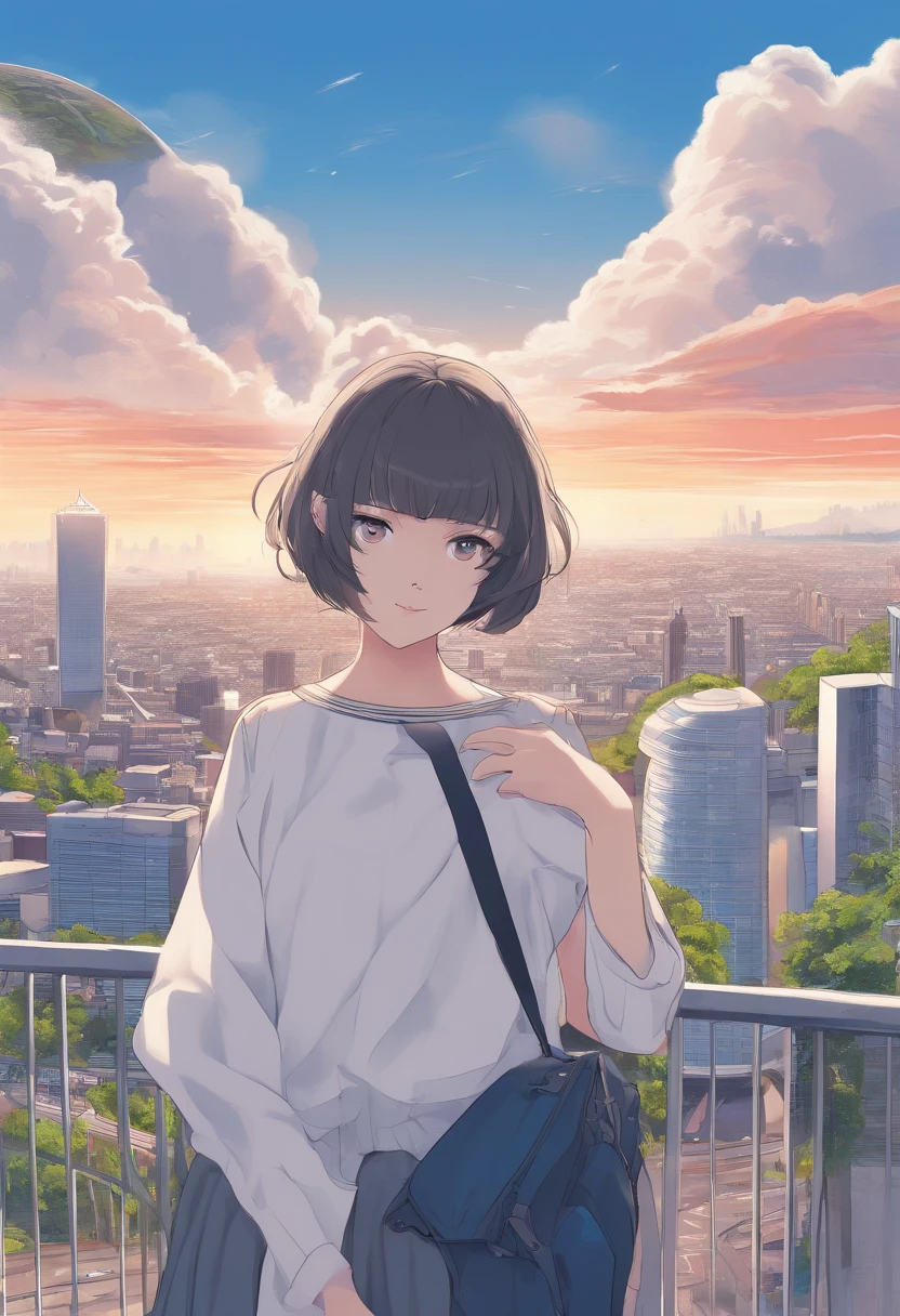 masterpiece, best quality, nsfw, ideal ratio body proportions, perfect anatomy,
(realistic:0.5), 1girl, architecture, backpack, bag, bangs, blue eyes, blue sky, bridge, brown hair, building, car, castle, chain-link fence, city, cityscape, clock, clock tower, closed mouth, cloud, cloudy sky, day, duffel bag, fence, gate, ground vehicle, house, long sleeves, looking at viewer, motor vehicle, mountain, outdoors, pleated skirt, railing, road, rooftop, sailor collar, scenery, school bag, school uniform, serafuku, shirt, shoulder bag, skirt, sky, skyline, skyscraper, solo, street, tower, town, train