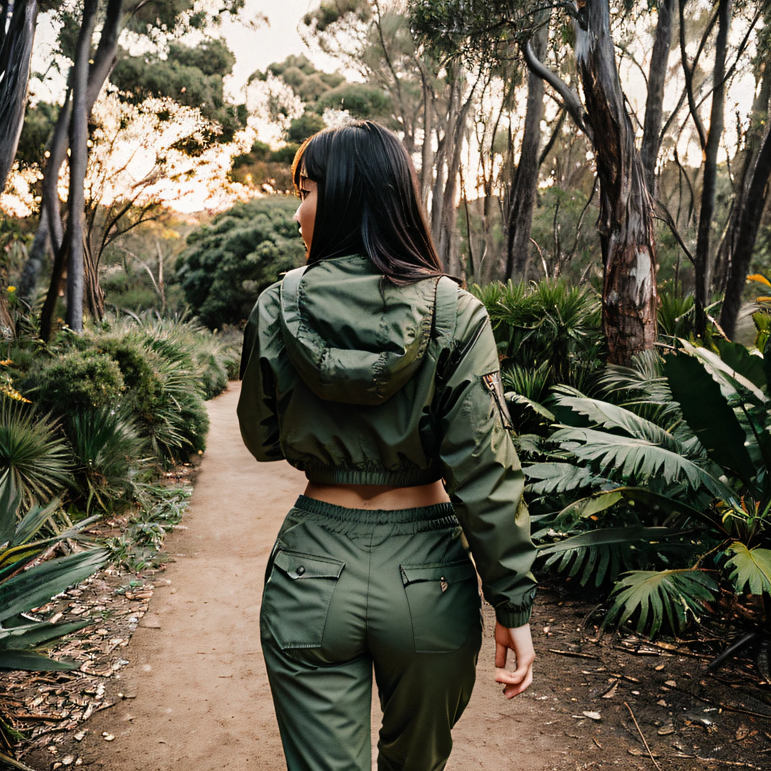 landscape composition, 20-year-old, 1 girl, asian, large breasts, hiking pants, jacket, no makeup, person on a busy path, australian bush, back to camera, walking away, twilight