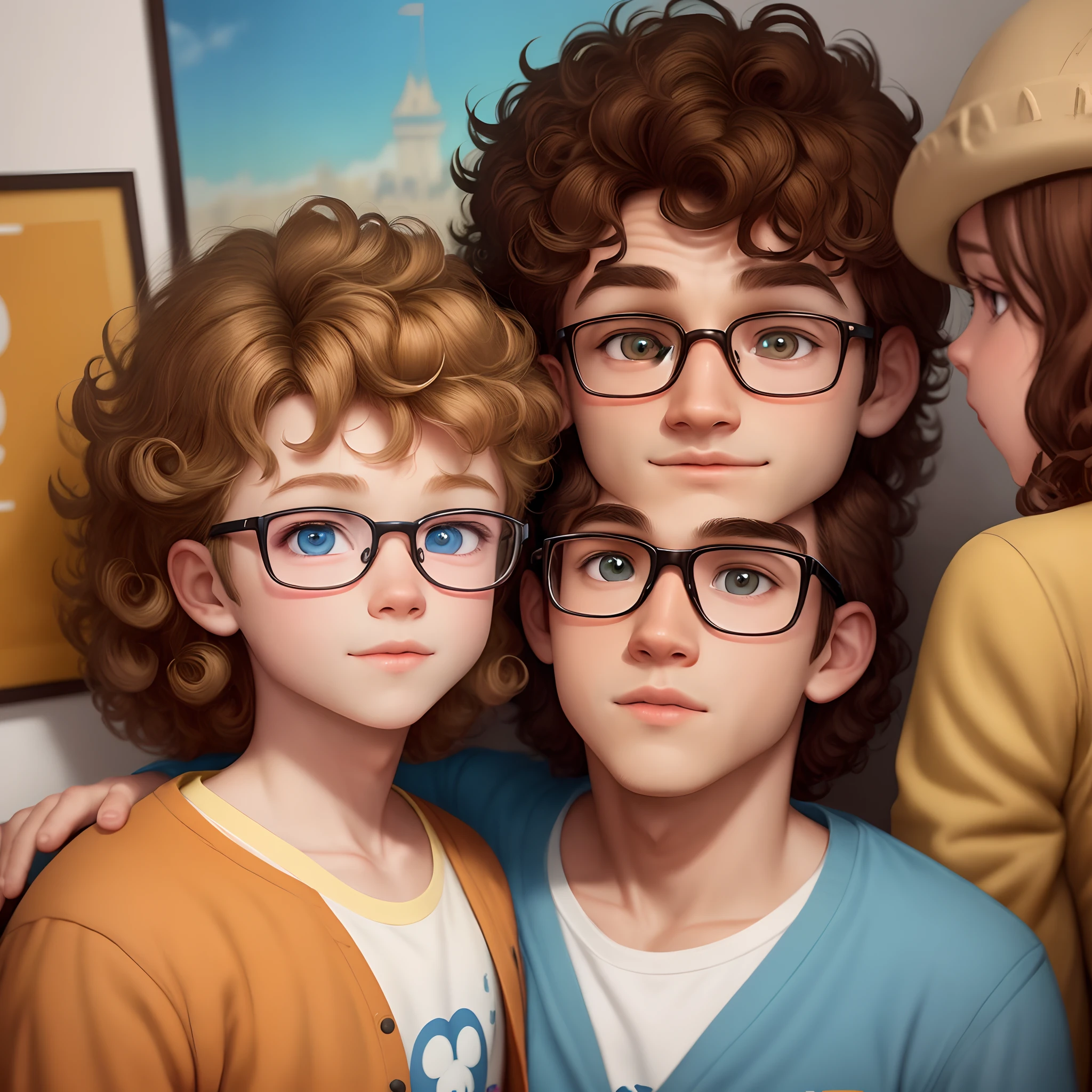 A Disney pixar poster of a smart boy wearing glasses, eye color, honey, curly hair, light brown hair color, white skin color, the name of the movie ARTHUR,