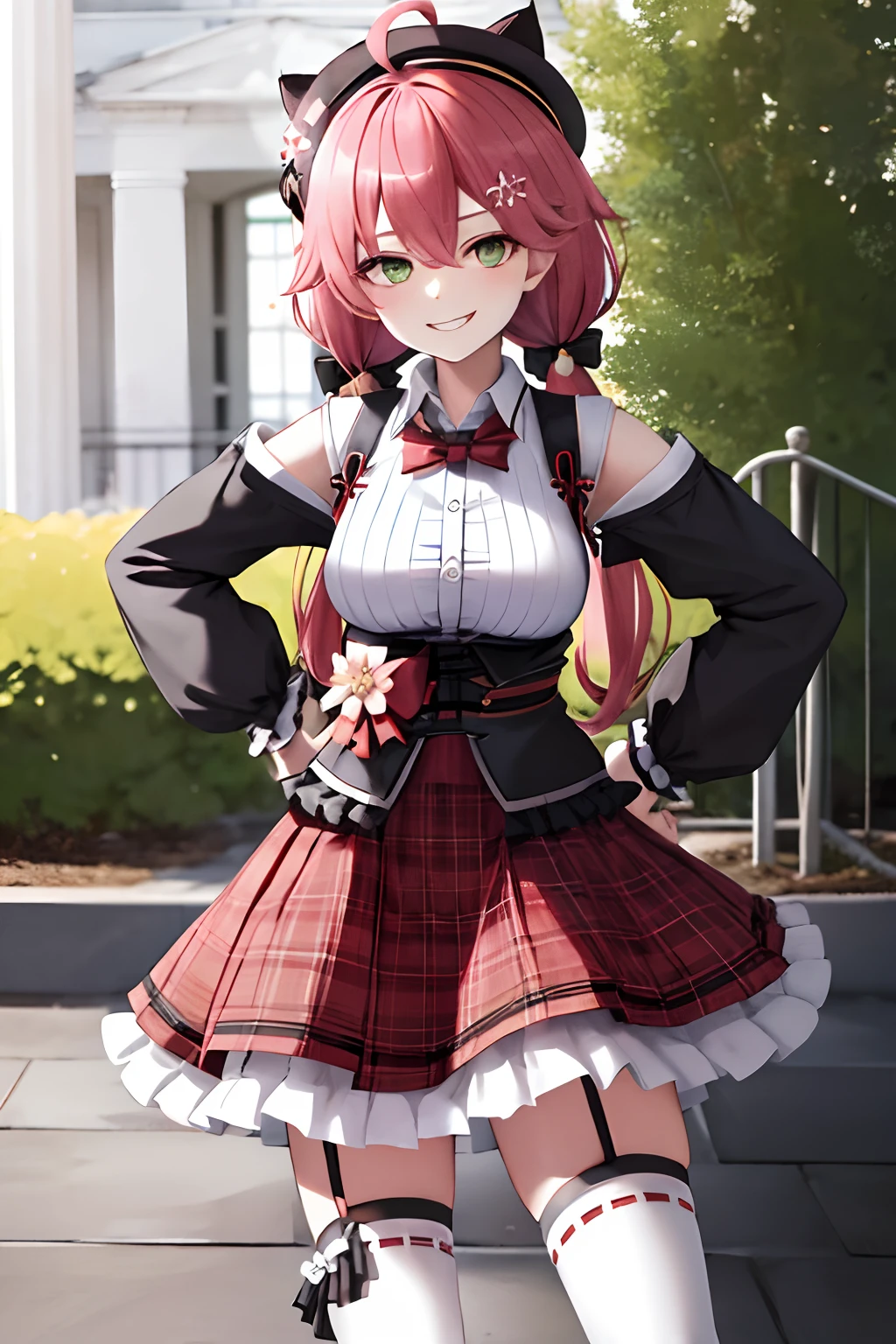 masterpiece, best quality, highres, miko2, sakura miko, 1girl, solo, green eyes, long hair, ahoge, black headwear, hair ornament, white shirt, black thighhighs, pink hair, red skirt, plaid skirt, garter straps, collared shirt, hairclip, frills, bangs, hair between eyes, animal hat, frilled skirt, beret, pleated skirt, hair flower, low twintails, neck bell, cat hat, medium breasts, puffy long sleeves, black bow, underbust, evil smile, hand on hip, outdoors,