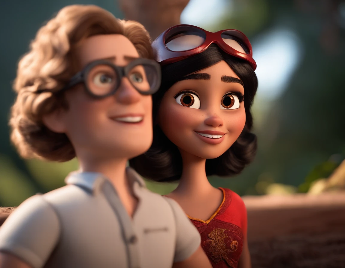 imagem em pixar 3d de uma mulher morena clara, com olhos castanhos de oculos e cabelo um pouco enrolado, com sorriso de batom vermelho, com belo corpos usando short preto e body de renda branco