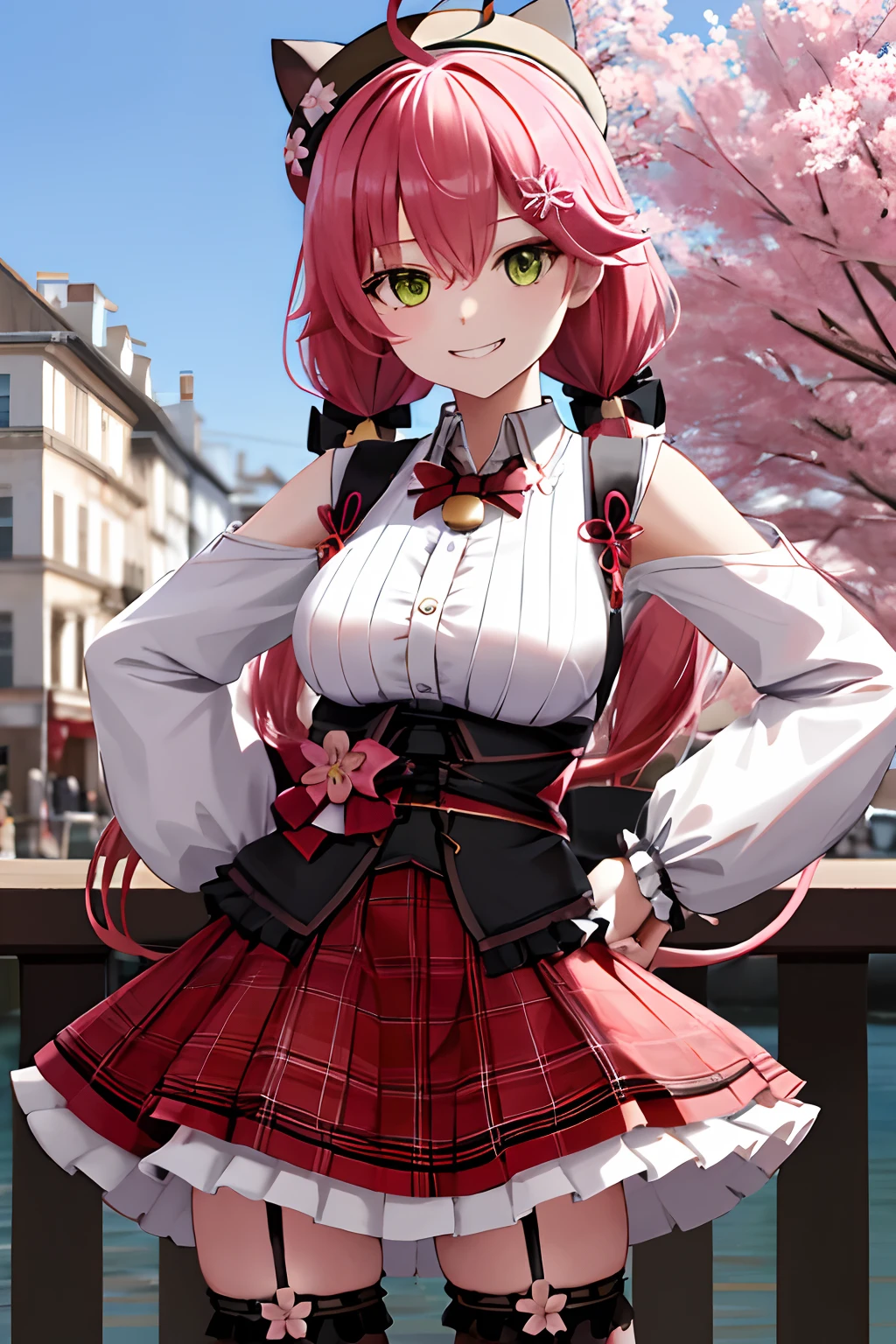 masterpiece, best quality, highres, miko2, sakura miko, 1girl, solo, green eyes, long hair, ahoge, black headwear, hair ornament, white shirt, black thighhighs, pink hair, red skirt, plaid skirt, garter straps, collared shirt, hairclip, frills, bangs, hair between eyes, animal hat, frilled skirt, beret, pleated skirt, hair flower, low twintails, neck bell, cat hat, medium breasts, puffy long sleeves, black bow, underbust, evil smile, hand on hip, outdoors,