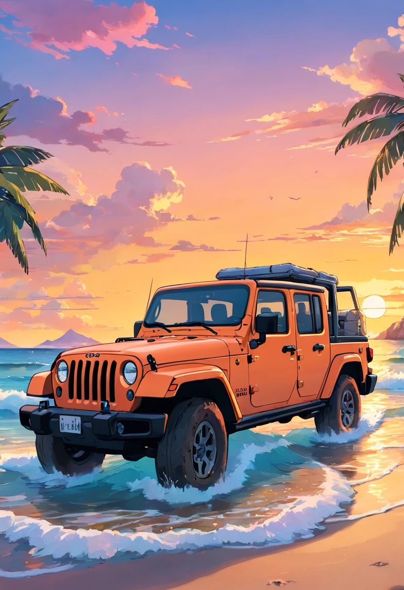 sticker design, Jeep Gladiator Gravity,  Sunset background, palmeiras, 5 layers of color, Beach by the sea,