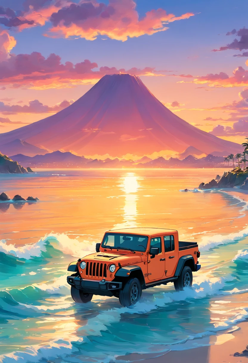 sticker design, Jeep Gladiator Gravity, Sunset background, palmeiras, 5 layers of color, Beach by the sea,