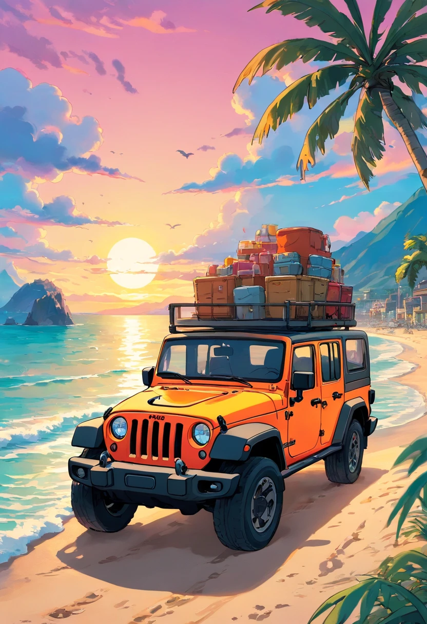 sticker design, Jeep Gladiator Gravity,  Sunset background, palmeiras, 5 layers of color, Beach by the sea,