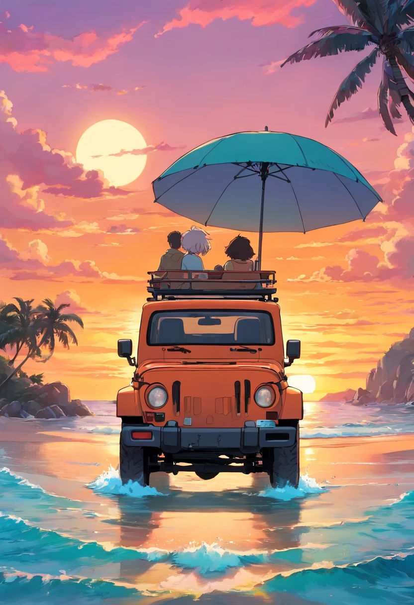 sticker design, Jeep Gladiator Gravity, Sunset background, palmeiras, 5 layers of color, Beach by the sea,