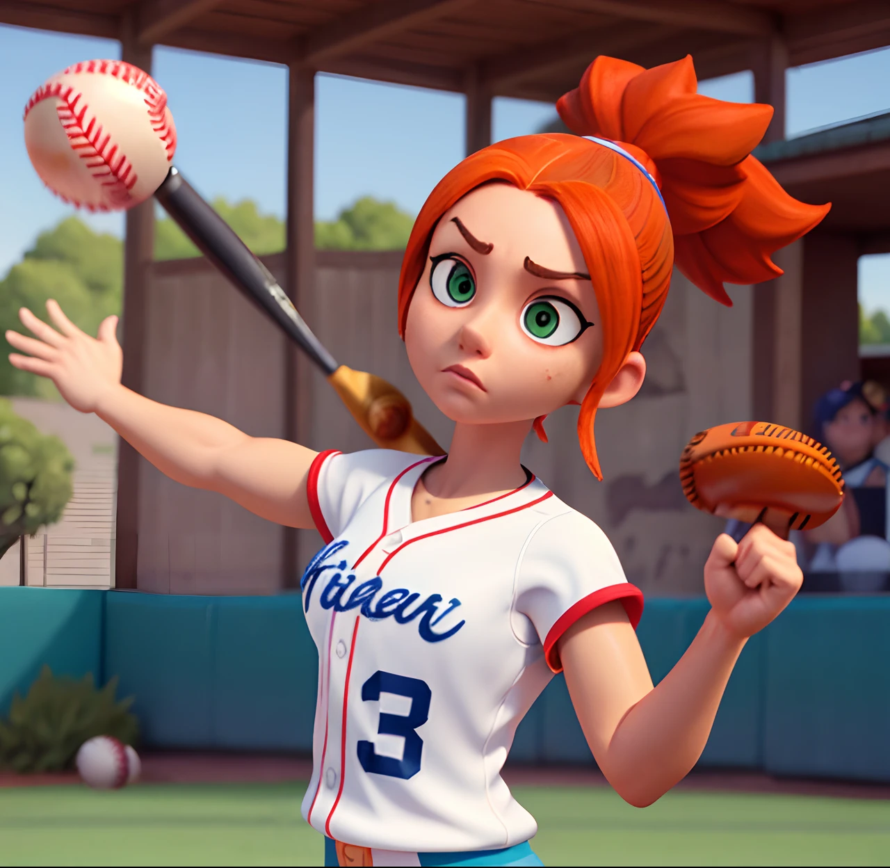 Masterpiece, (watercolor:1.3), (short stack:1.1), forward facing, eyes on camera, serious expression, (action shot:1.4) , (upper body strength:1.3), contrapposto (tattoo:1), softball pitcher, auburn hair, green eyes, (string bikini:1), pitching a softball at viewer, (focus on softball in foreground:1.4), sunny, natural lighting, High definition, excellent resolution, excellent quality, insane detail, semi realistic, postprocessed, crisp face, facial features, extremely detailed, facial features