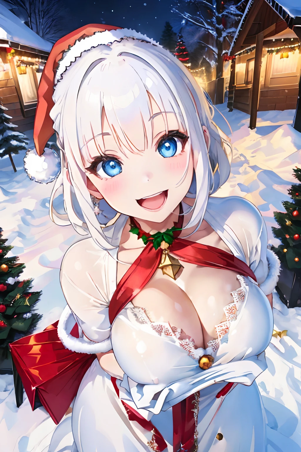 Christmas,Snowy landscape in winter,beautiful ilumination,Santa Claus in a voluminous luxurious dress,white  hair,Blue eyes,There are a lot of ornaments and gifts around,Happy smile,A drooling and happy expression that shows cleavage,red tide,Apply white liquid to the face and body,