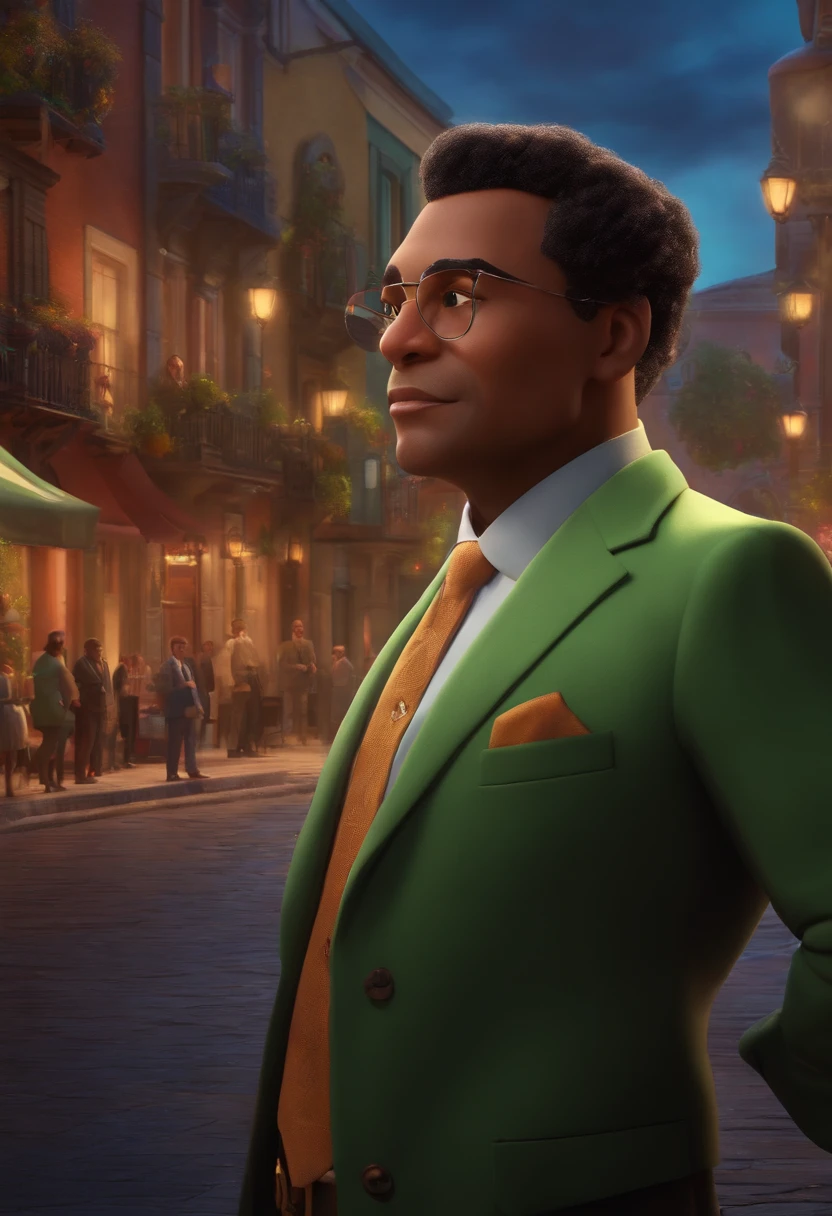 A city councilman looking at a dream project inspired by Pixar animation, de perto. The character takes center stage with captivating facial expressions, oferecendo um toque de irrealidade