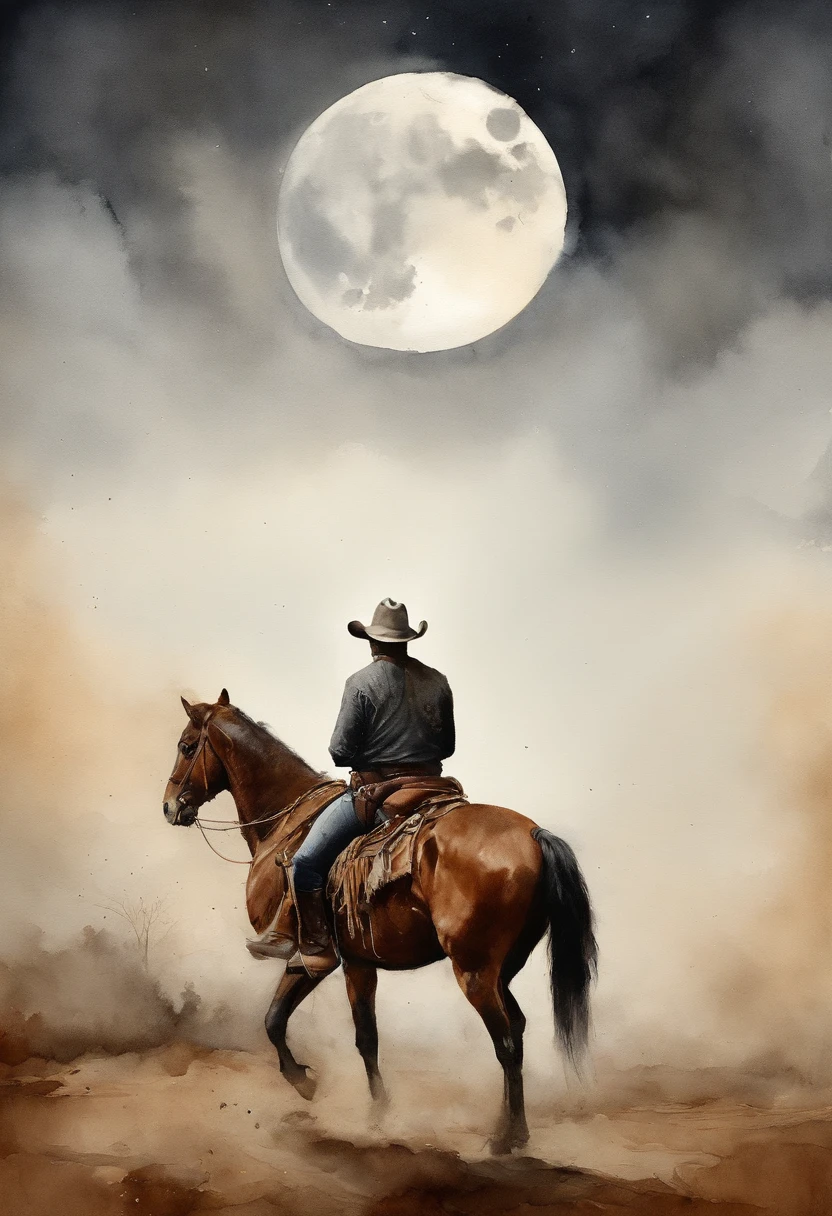 There is a man on a horse in front of a full moon, Andar a cavalo na lua, vaqueiro, Cowboy na Faixa, Back photo of a cowboy, No Velho Oeste, O Cowboy no Estranho Oeste, Velho Oeste, Lone guard, sonho de vaqueiro, quadrinhos ocidentais inspirados, lonely rider, Directed by: Cindy Wright, space western, Fotografia Moonwalker