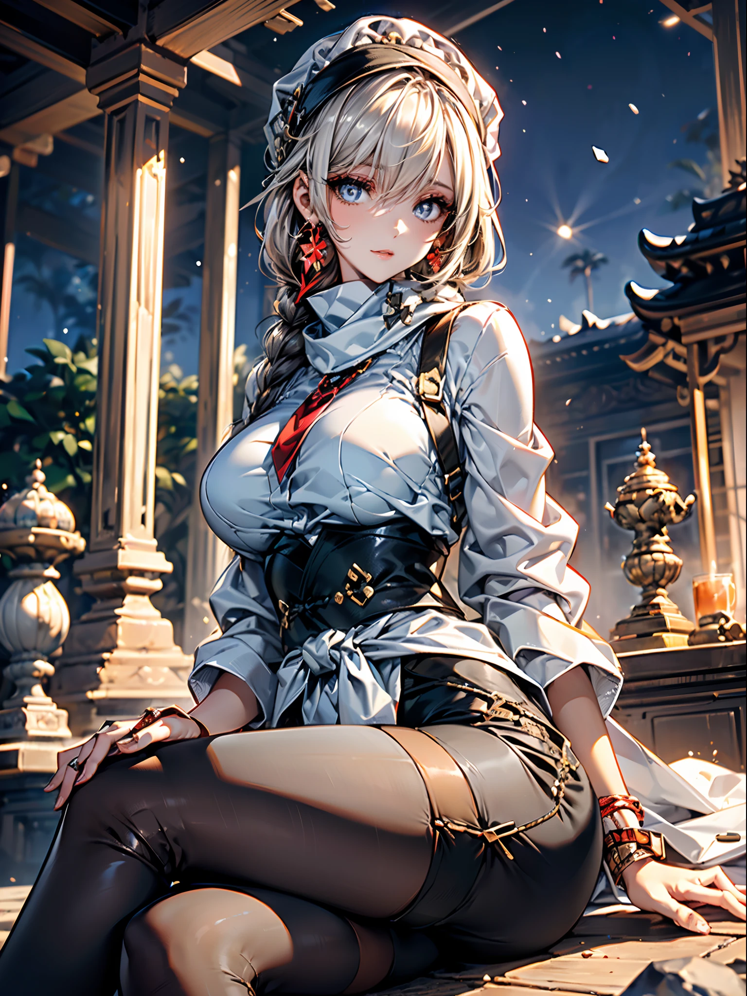 A female empress, white-haired, with yellow eyes, red nails, showing breasts, legs open showing pussy, with an angry face and a provocative look, mouth open with tongue out. Wearing traditional Chinese imperial clothing, decorated in gold with black details, with red Hanafuda earrings, with a short red skirt. Kneeling on a hotel room bed with the sunset at the window in the background.