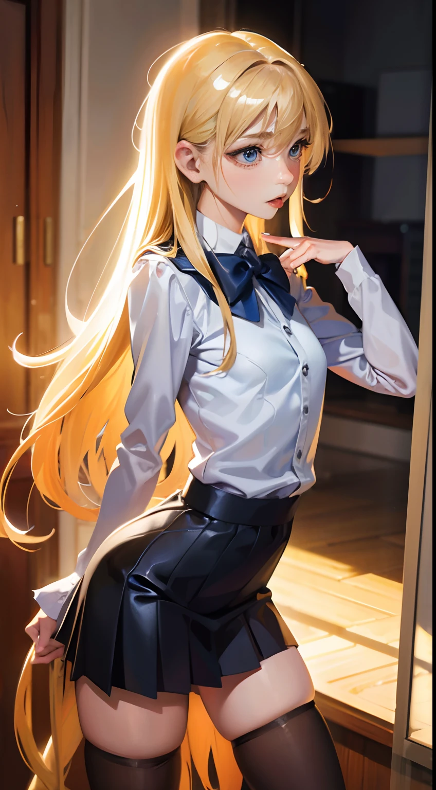 Small breasts, (masutepiece, Best quality:1.1), Long hair, double tails, (Realistic painting style:0.9), blond girl, Blue eyes, in class room, (Realistic:1.3), Cute, Tongue out, (Shaking effect[Sombrif[Sho profile, Shaking:1.2), Sweat, absurderes, breasts out, Blush, (Skirt:1.3), White bodysuit, Squat, watching at viewers, white thigh highs, standing, (((1girl in))), Trembling urine,blond girl, JK school uniform