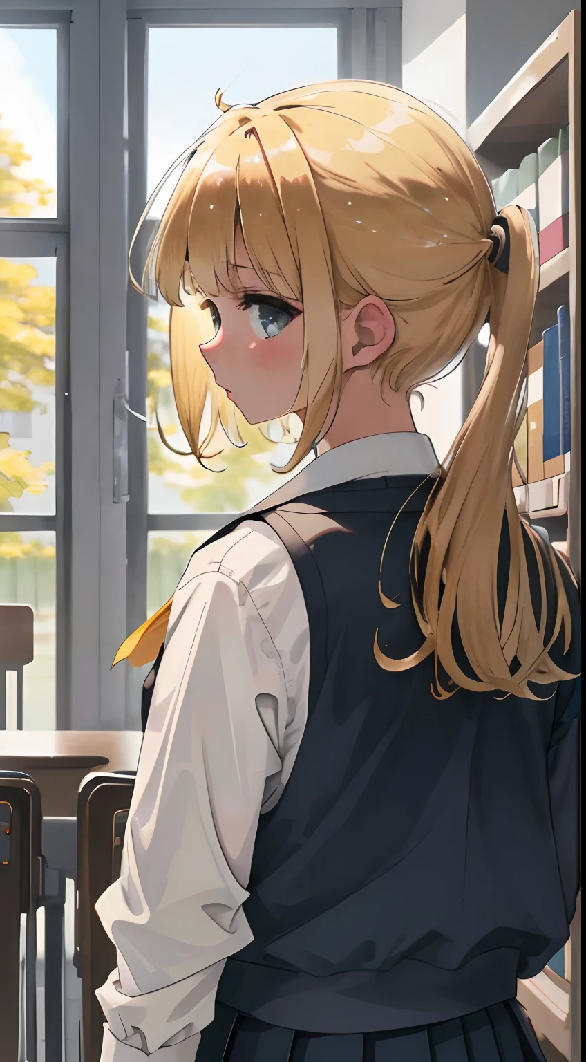 Best quality at best,detailed back ground,Girl,blond girl, JK school uniform,Mid-range bust scene