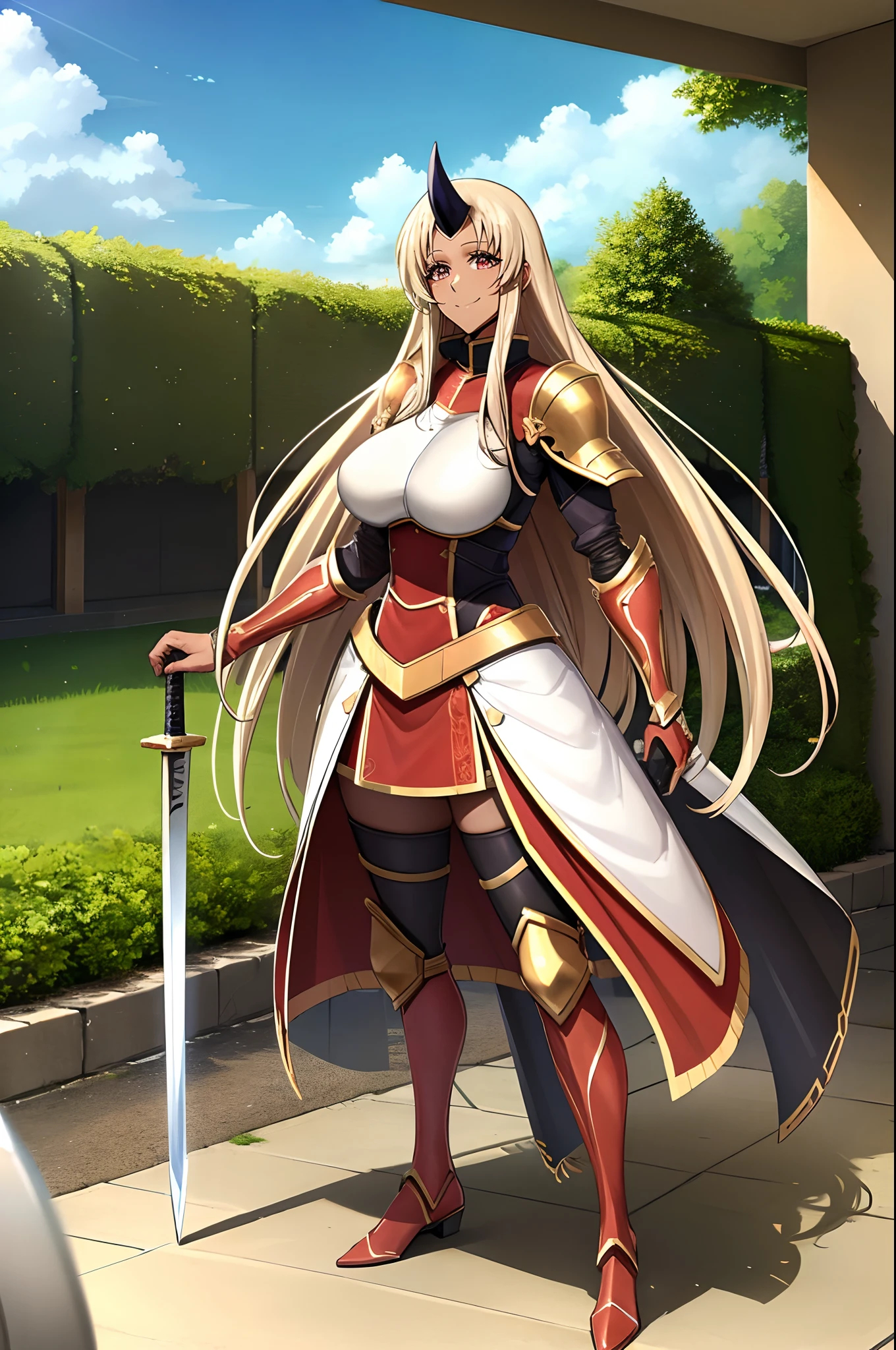 (best quality,4k,8k,highres,masterpiece:1.2),ultra-detailed,(1.37),single horn,very long hair,tall female,red eyes,dark skinned female,standing,armor,boots,sword holding,joyful,big smile,full armor,illustration,portrait,rich colors,warm tones,soft lighting ,full body, standing , forest ruins background