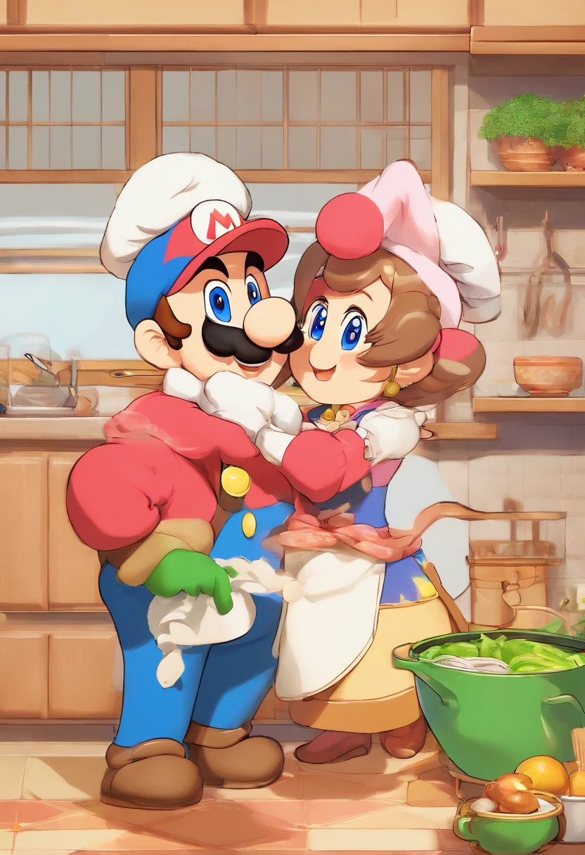 top-quality masterpiece Intimate scene of Japan couple in cozy kitchen, Where a woman is cooking, And the man hugs the woman from behind with gratitude.