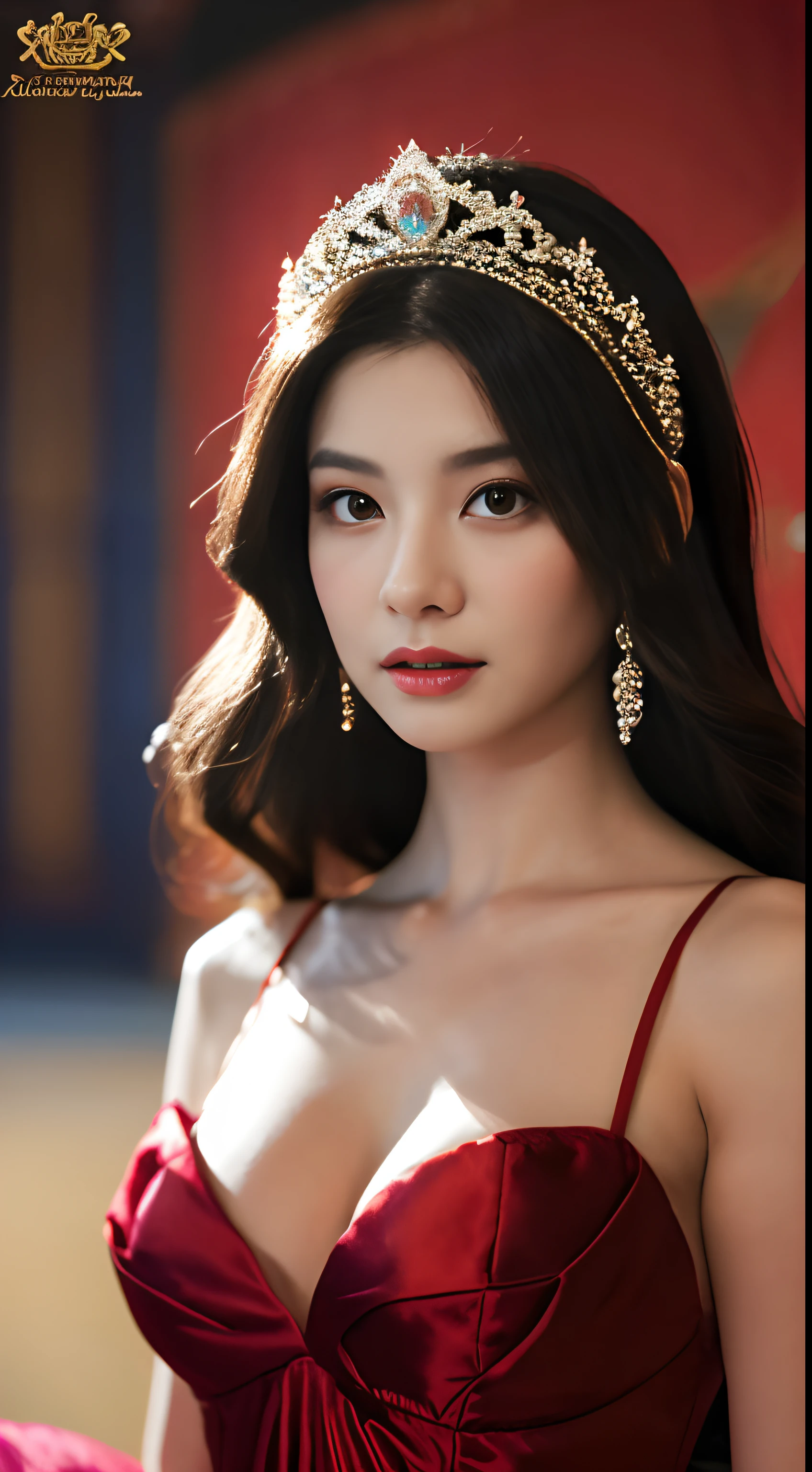 1 Heroine, 1 Beautiful Princess, In the Dark: 1.6), surreal female portraits by David Hockney and Alphonse Mucha, Fantasy Art, Korean Doll, Photorealism, Dynamic lighting, art  stations, poster for, Volumetric lighting, extra detailed face, 8k ultra, full body Esbian, Awarded, lowkey, cowboy lens, (Red Satin Dress: 1.4), Long hair, Black hair, Bust, luxurious palace, Royal style, Princess Crown, Big round black eyes, Style Royal, The most beautiful face, big and regular breasts, Super realistic,Beautiful facial features，Sexy image，