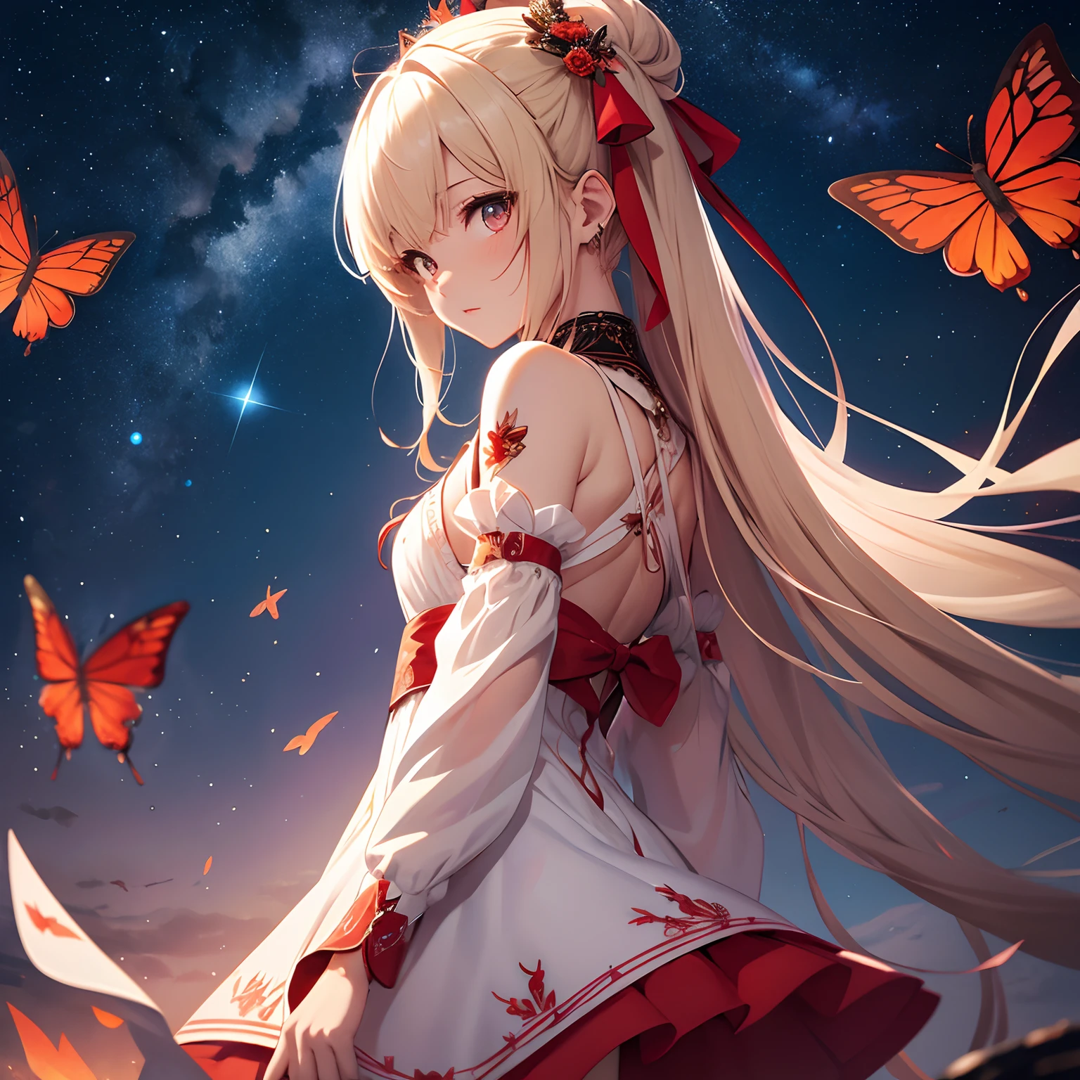 masterpiece、Background with((Fantastic starry sky、kosmos、black hole))、heavy wind、a beauty girl、Red butterflies in a white mini dress with a slit々Embroidery、Blonde Long、Red butterflies with hair tied up in a bun々Pin in、