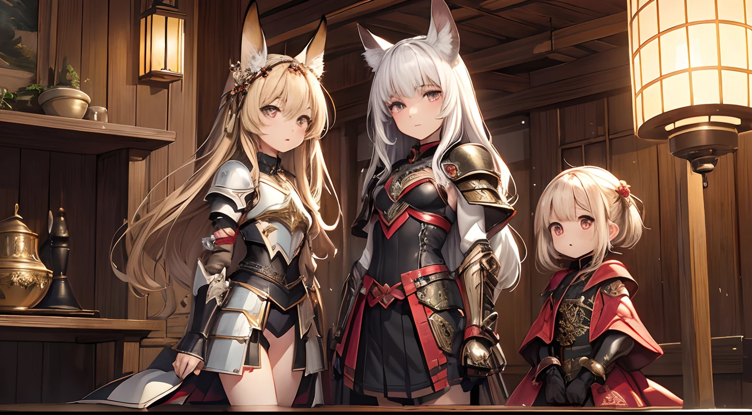 (((​masterpiece)))、((top-quality))、(The ultra-detailliert)、(CG Illustration)、(an extremely devious and beautiful))、Cinematic Light、illuminated by the moonlight、Bamboo serval、((1little girl))、Single、Japanese armor、Face Armor、armor on the arms、Chest Armer、Visible skin on the abdomen、armor on the waist、He holds a long Japan sword、Armor below the thighs、Long Black Hair、 Big brown eyes、animesque「Japan face」、scientific fiction