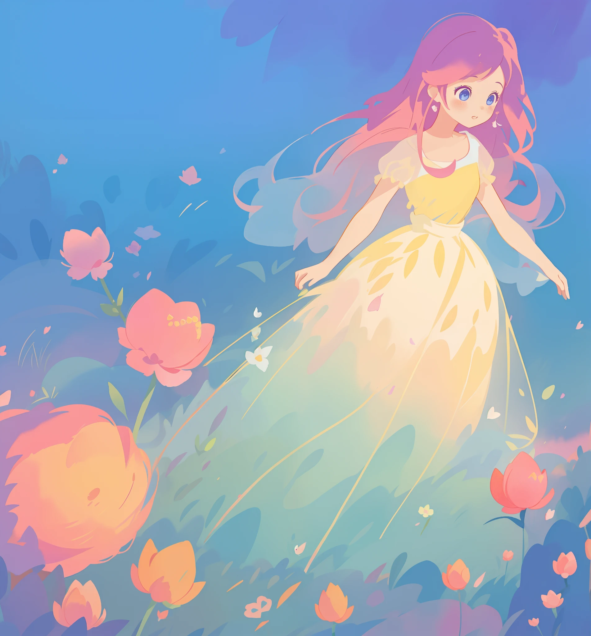 beautiful girl in puffy gradient ballgown, a field with round puffball pink flowers, otherworldly flowers, whimsical landscape, long pink flowing hair, watercolor illustration, inspired by Glen Keane, inspired by Lois van Baarle, disney art style, by Lois van Baarle, by Glen Keane, jen bartel, digital painting, beautiful digital illustration, fantasia otherworldly landscape plants flowers, beautiful, masterpiece, best quality, anime disney style