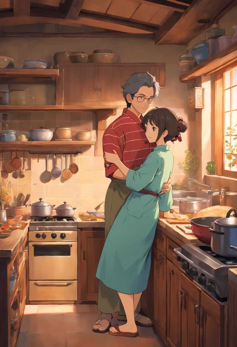 top-quality　​masterpiece　Intimate scene of Japan couple in cozy kitchen, Where a woman is cooking, And the man hugs the woman from behind with gratitude.