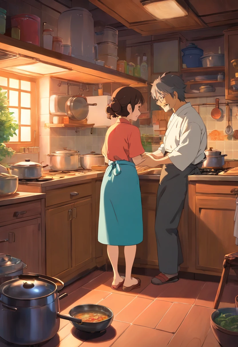 top-quality masterpiece Intimate scene of Japan couple in cozy kitchen, Where a woman is cooking, And the man hugs the woman from behind with gratitude.