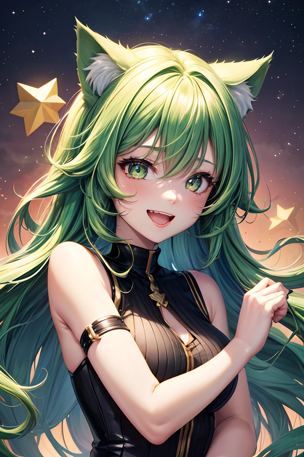 Top quality, high resolution, perfect human structure, background focus, front view, shiny hair, cat ears, green hair, multicolored hair, laughing happily, star-shaped pupils, wavy hair