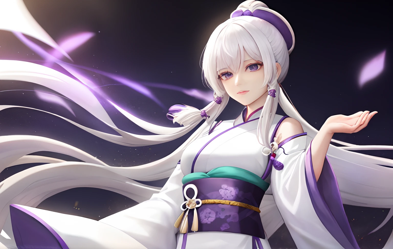 A woman,White hair,Wear purple Hanfu,Wear long white gloves