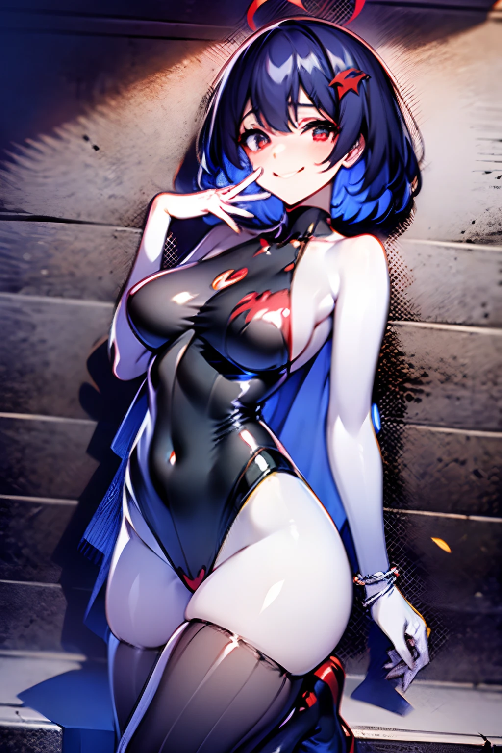 1girll, 独奏, standing on your feet, hair adornments, Blue eyes,, mechanicalparts, electrical wires, electric cables, Failure effect, terror, sci-fy, A futuristic, background inside dark, neonlight, cyber punk perssonage, hyper realisitc, eerie, unnerving, spine-chilling, terror, onesie,red color eyes,Venom possession,Blackened,Long red gloves,Jumpsuits,Skinny one-piece latex clothing,Highlight her gorgeous figure,Wrap the whole body,symbiote,((Raised sexy)),onesie,Red eyes,Venom possession,Blackened,Long red gloves,Jumpsuits,Black latex clothing,Red eyes,Best quality, high resolution, Ultra-detailed, Vivid texture, Mask, Skinny one-piece latex clothing, bangs, Blue hair,Wear socks,Blackened,Wrapped in black slime,A sad expression,Say goodbye to the gaze,Red coat,long eyelasher, solid circle eyes, Light smile, Ear blush, Dark blue hair, hair between eye, Short hair,, Mad eyes,, Crazy smile, Sad smile, Evil smile, crazy, jitome, shaded, Yandere, chin grab, disdain, Evil, Crazy smile, Colored inner hair, Blue hair, Dark blue hair, surrealism, shadowing, anaglyph, stereograms, tachi-e, angle of view, Atmospheric perspective, Chiaroscuro, Cinematic lighting, 8K, Super detail, ccurate, Best quality, hyper HD, retinas, Masterpiece, Textured skin, Award-Awarded, A high resolution, Best quality, Super detail, best qualtiy, 8K, digitial painting,Red coat,Anime girl in red cape